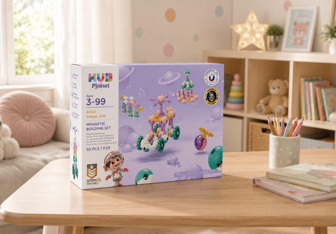 A KUD Planet magnetic building toy set box labeled 'A003 Dream Lull' sits on a light wood table in a cozy, softly lit child's room. The box is lavender with colorful illustrations of planets and space-themed structures.