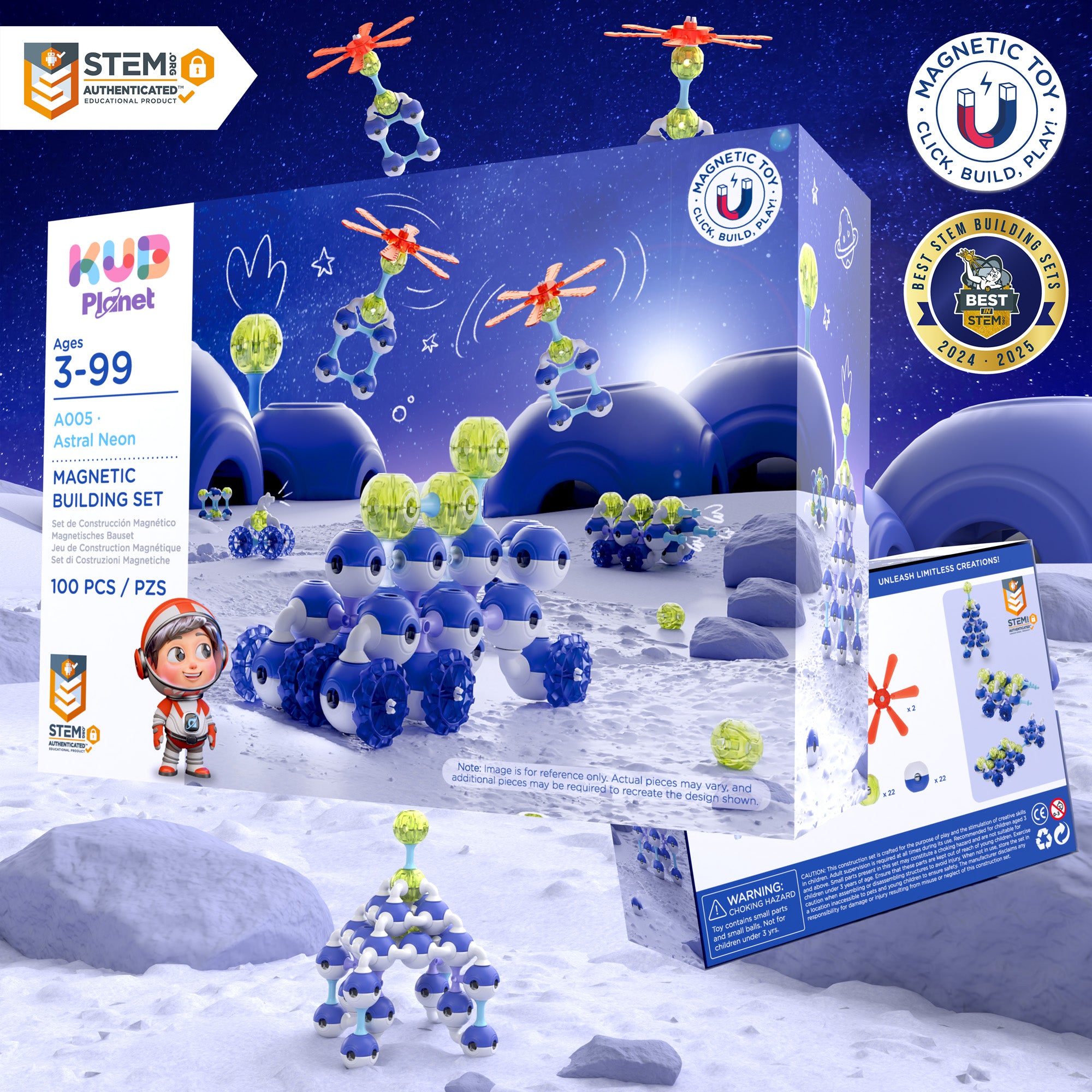 KUB Planet Magnetic Building Blocks for Kids, STEM Educational Toys for Boys and Girls Ages 3+, Space Planet Set (100 Pieces) - Astral Neon