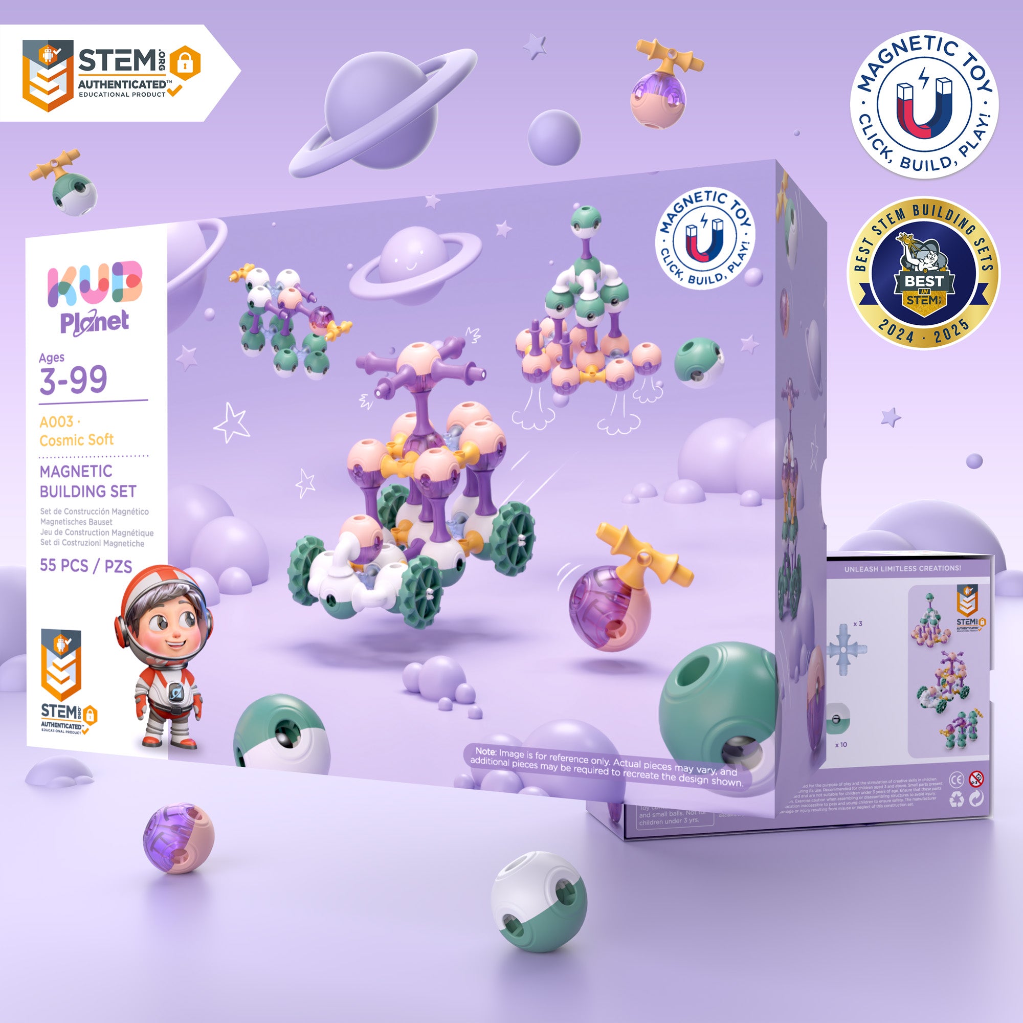 KUB Planet Magnetic Building Blocks for Kids, STEM Educational Toys for Boys and Girls Ages 3+, Space Planet Set (55 Pieces) - Cosmic Soft