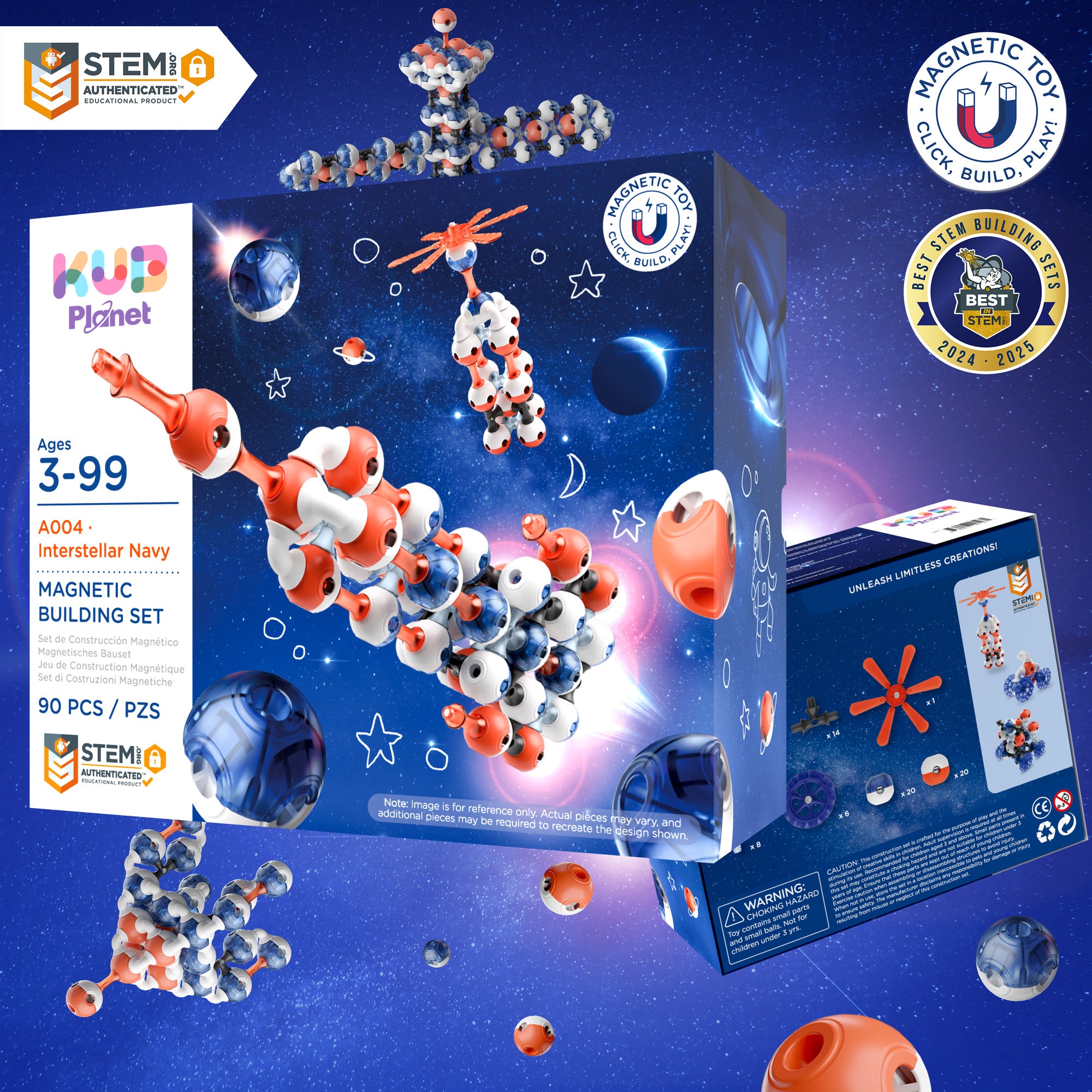 KUB Planet Magnetic Building Blocks for Kids, STEM Educational Toys for Boys and Girls Ages 3+, Space Planet Set (90 Pieces) - Interstellar Navy