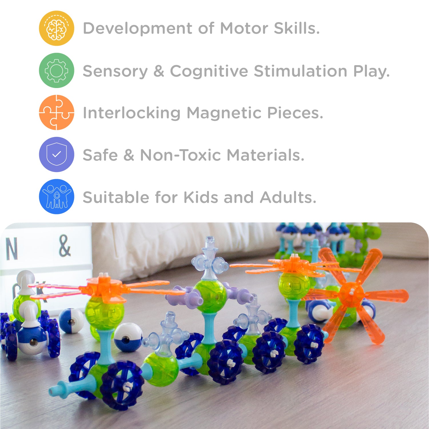 KUB Planet Magnetic Building Blocks for Kids, STEM Educational Toys for Boys and Girls Ages 3+, Space Planet Set (100 Pieces) - Astral Neon