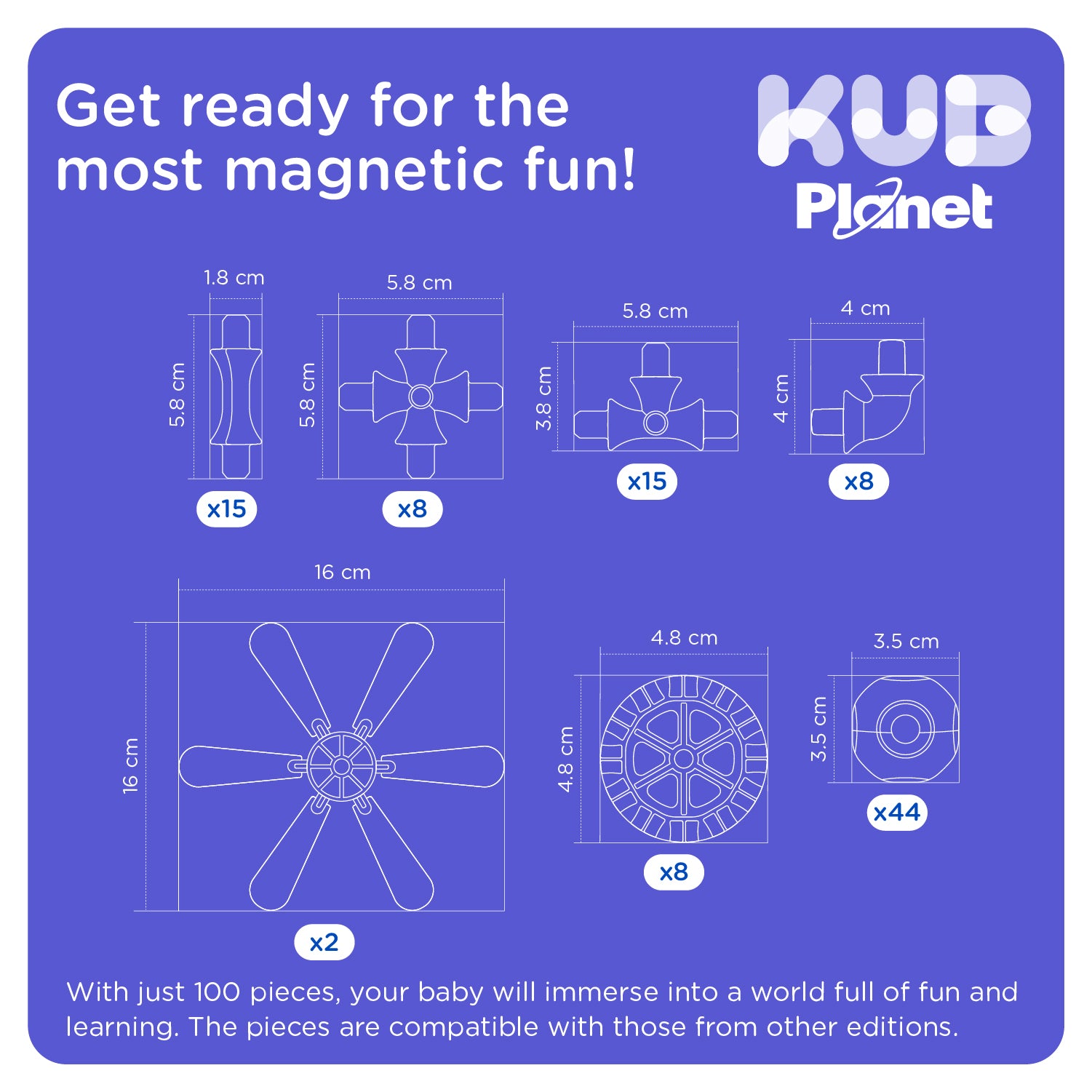 KUB Planet Magnetic Building Blocks for Kids, STEM Educational Toys for Boys and Girls Ages 3+, Space Planet Set (100 Pieces) - Astral Neon